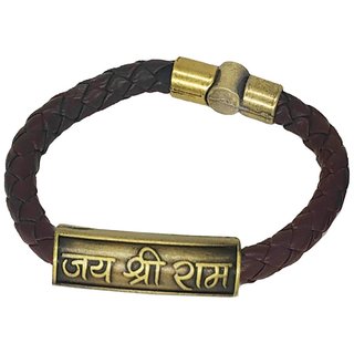                       Shiv Jagdamba Jai Shree Ram Charm Id Brown Gold Leather Stainless Steel Bracelet                                              