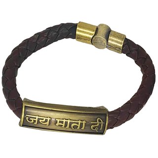                       Shiv Jagdamba Jai Matadi Charm Id Brown Gold Leather Stainless Steel Bracelet                                              