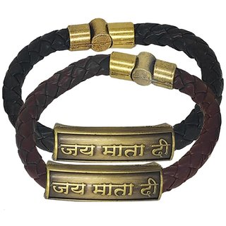                       Shiv Jagdamba Jai Matadi Charm Id Black Brown Gold Leather Stainless Steel Combo Bracelet                                              