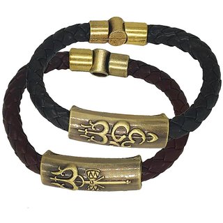                       Shiv Jagdamba Om Shiva Trishula Damaru Charm Id Black Brown Gold Leather Stainless Steel Combo Bracelet                                              