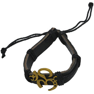                      Shiv Jagdamba Handmade Om With Cotton Dori Lace Up Black Gold Leather Bronze Bracelet For Men And Women                                              