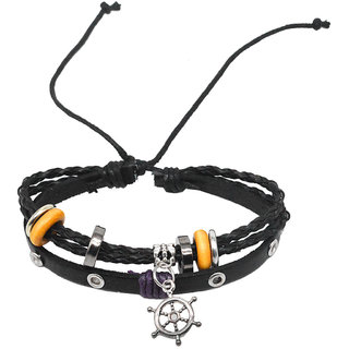                       Shiv Jagdamba Ship Wheel Charm Best Quality Cuff Handmade Black Leather Metal Bracelet For Men And Women                                              
