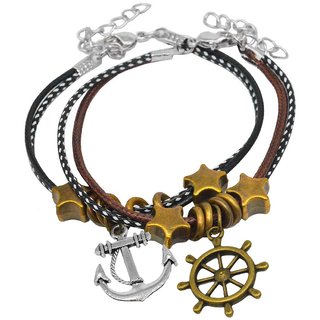                       Shiv Jagdamba Anchor Charm And Ship Wheel Charm Couple Multicolor Leather Metal Bracelet For Men And Women                                              