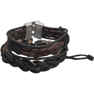                       Shiv Jagdamba Rope Type Biker Black Brown Leather Bracelet For Men And Women (Pack Of 2)                                              