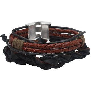                       Shiv Jagdamba Rope Type Biker Black Brown Leather Bracelet For Men And Women (Pack Of 2)                                              