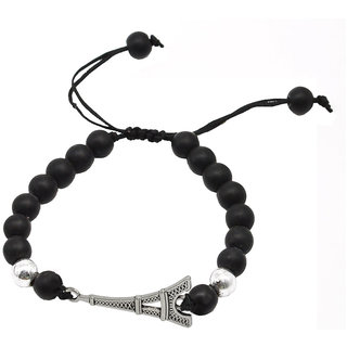                       Shiv Eiffel Tower Charm Silver &Black Onyx Bead Adjustable Bracelet                                              