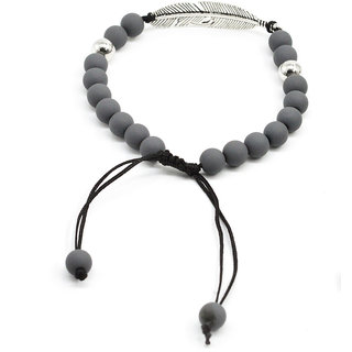                       Shiv Feather Charm Silver & Gray Onyx Beads Adjustable Bracelet                                              