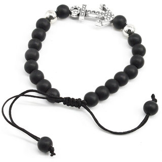                       Shiv Charm Silver & Black Onyx Anchor Beads Adjustable Bracelet                                              
