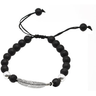                       Shiv Feather Charm Silver & Black Onyx Beads Adjustable Bracelet                                              