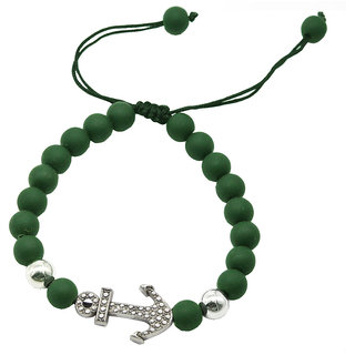                       Shiv Anchor Charm Silver & Green Onyx Beads Adjustable Bracelet                                              