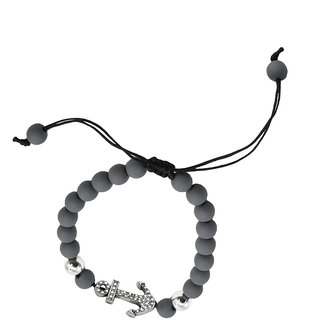                       Shiv Anchor Charm Silver & Gray Onyx Beads Adjustable Bracelet                                              
