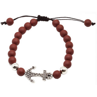                       Shiv Anchor Charm Silver & Red Onyx Beads Adjustable Bracelet                                              