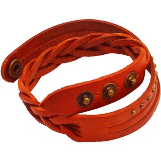                       Shiv Jagdamba Handmade Braided Feather Button Wrap Wristband Cuff Button Clasp Mens Bracelet Brown Leather Bracelet                                              