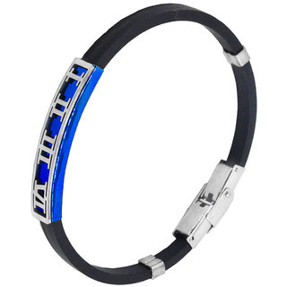 Shiv Jagdamba Vintage Biker Roman Numbers Wristband With Stainless Steel Foldover Clasp Black & Blue Silicon Bracelet