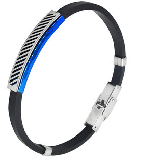                       Shiv Jagdamba Vintage Biker Best Friend Wristband With Stainless Steel Foldover Clasp Black & Blue Silicon Bracelet                                              