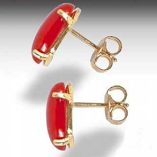                       Ceylonmine - Red Moonga Gemstone Earring Gold Plated Stud Earrings Stone For Women                                              