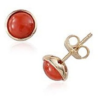                       Ceylonmine Precious Gemstone Coral Earrings Gold Plated Moonga Stud Earring For Women & Girl                                              