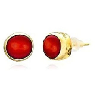                       Ceylonmine Precious Gemstone Coral Earrings Gold Plated Moonga Stud Earring For Women & Girl                                              