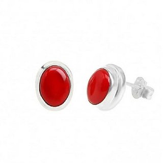 Ceylonmine - Red Moonga Gemstone Earring Silver Stud Earrings Stone For Women Ceylonmine - Red Moonga Gemstone Earring Silver Stud Earrings Stone For Women