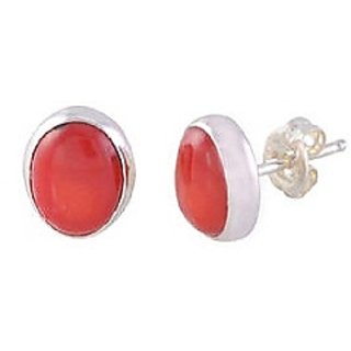                       Ceylonmine Precious Gemstone Coral Earrings Silver Moonga Stud Earring For Women & Girl                                              