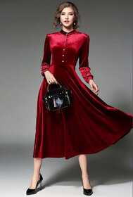 Vivient Women Maroon Buttoned Velvet Dress