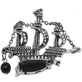                       Shiv Jagdamba Mens Suit Vintage Unsigned Small Damascene Sailing Ship Silver Black Metal Brass Brooch                                              
