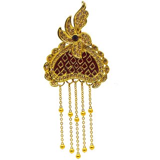                       Shiv Jagdamba Traditional Crystal King Crown Wedding Lapel Pin With Hanging Chain Gold Red Brass Brooch                                              