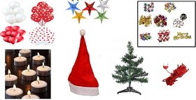 Jumbo Combo For Christmas Decoration - Christmas Tree, Santa Cap, Rice Light, Tealights, Paper Stars, Red White Balloo