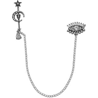                       Shiv Jagdamba Mens Suit Rhinestone Crystal Eye Moon Wedding Lapel Pin Hanging Chain Silver Metal Brooch                                              