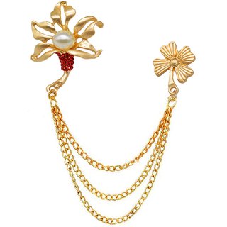                       Shiv Jagdamba Mens Suit Rhinestone Crystal Flower Wedding Lapel Pin Hanging Chain Gold Brass Brooch                                              