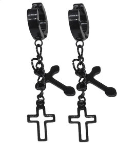 Shiv Jagdamba Jesus Christ Cross Charm Long Chain Black Stainless Steel Hoop Earring