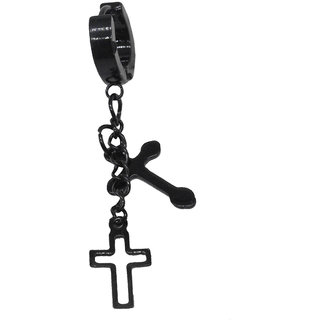                       Shiv Jagdamba Jesus Christ Cross Charm Long Chain Black Stainless Steel Hoop Earring                                              