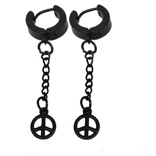                       Shiv Jagdamba Best Selling Peace Sign Charm Long Chain Black Stainless Steel Hoop Earring                                              