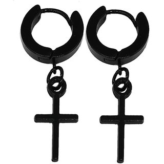                       Shiv Jagdamba Religious Jewelry Christmas Jesus Cross Black Stainless Steel Hoop Earring                                              