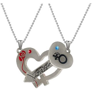                      Shiv Jagdamba Love You Heart Key Couple Silver Red Black Zinc Stainless Steel Pendant Necklace                                              