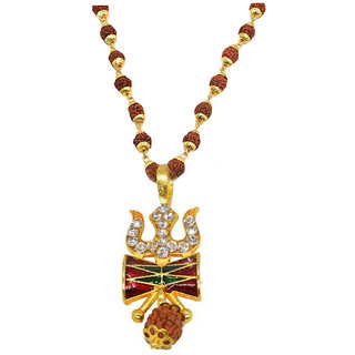                       Shiv Jagdamba Religious Jewelry Cubic Zirconium Crystal Trishul Damaru Gold Brown Brass Rudraksha Mala                                              