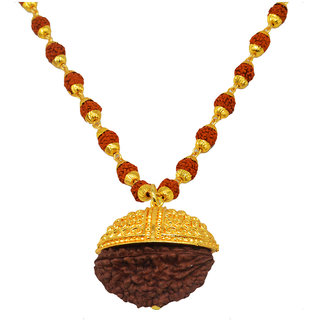                       Shiv Jagdamba One Mukhi Rudraksha Half Moon Shaped Locket Gold Brown Brass Wood Rudraksha Mala                                              