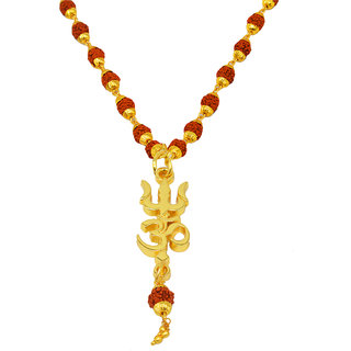                      Shiv Jagdamba Om Trishul Rudraksha Locket With Rudraksha Mala Gold Brown Brass Wood Necklace Pendant                                              