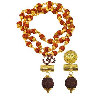                       Shiv Jagdamba Religious Jewellery Om Suryadev Damru Gold Brown Brass Wood Pendant With Rudraksha Mala                                              