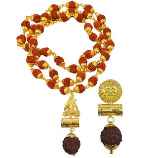                       Shiv Jagdamba Religious Jewellery Lord Shiv Suryadev Gold Brown Brass Wood Pendant With Rudraksha Mala                                              