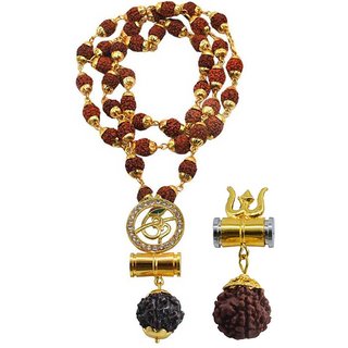                       Shiv Jagdamba Religious Jewellery Om Trishul Damru Gold Brown Brass Wood Pendant With Rudraksha Mala                                              