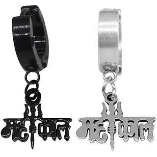                       Shiv Jagdamba Trishul Mahakal Charm Drop Huggie Single Combo Black Silver Stainless Steel Hoop Earring                                              