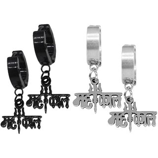                       Shiv Jagdamba Trishul Mahakal Charm Drop Huggie Double Combo Black Silver Stainless Steel Hoop Earring                                              