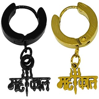                       Shiv Jagdamba Trishul Mahakal Charm Drop Huggie Single Combo Black Gold Stainless Steel Hoop Earring                                              
