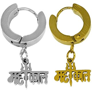                       Shiv Jagdamba Trishul Mahakal Charm Drop Huggie Single Combo Silver Gold Stainless Steel Hoop Earring                                              