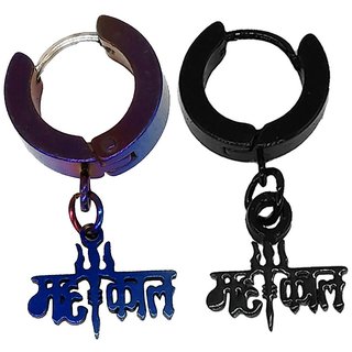                       Shiv Jagdamba Trishul Mahakal Charm Drop Huggie Single Combo Blue Black Stainless Steel Hoop Earring                                              