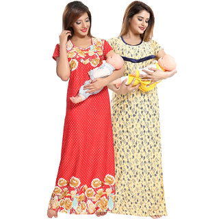 Be You Yellow-Red Sarina Satin Women Maternity Nighty For Feeding (Pack Of 2) - Free Size