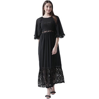 Texco Women Black Butterfly Sleeves Ruffle Lace Detailed Dress