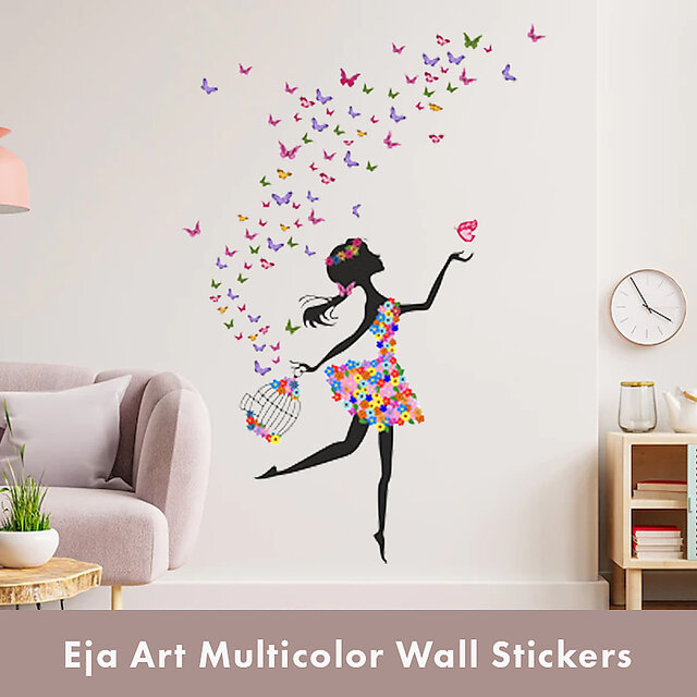 Eja Art Vinyl Multicolor Wall Stickers Dreamy Girl With Flying Colorful  Butterflies (100 X 70)