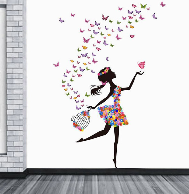 Eja Art Vinyl Multicolor Wall Stickers Dreamy Girl With Flying Colorful  Butterflies (100 X 70)